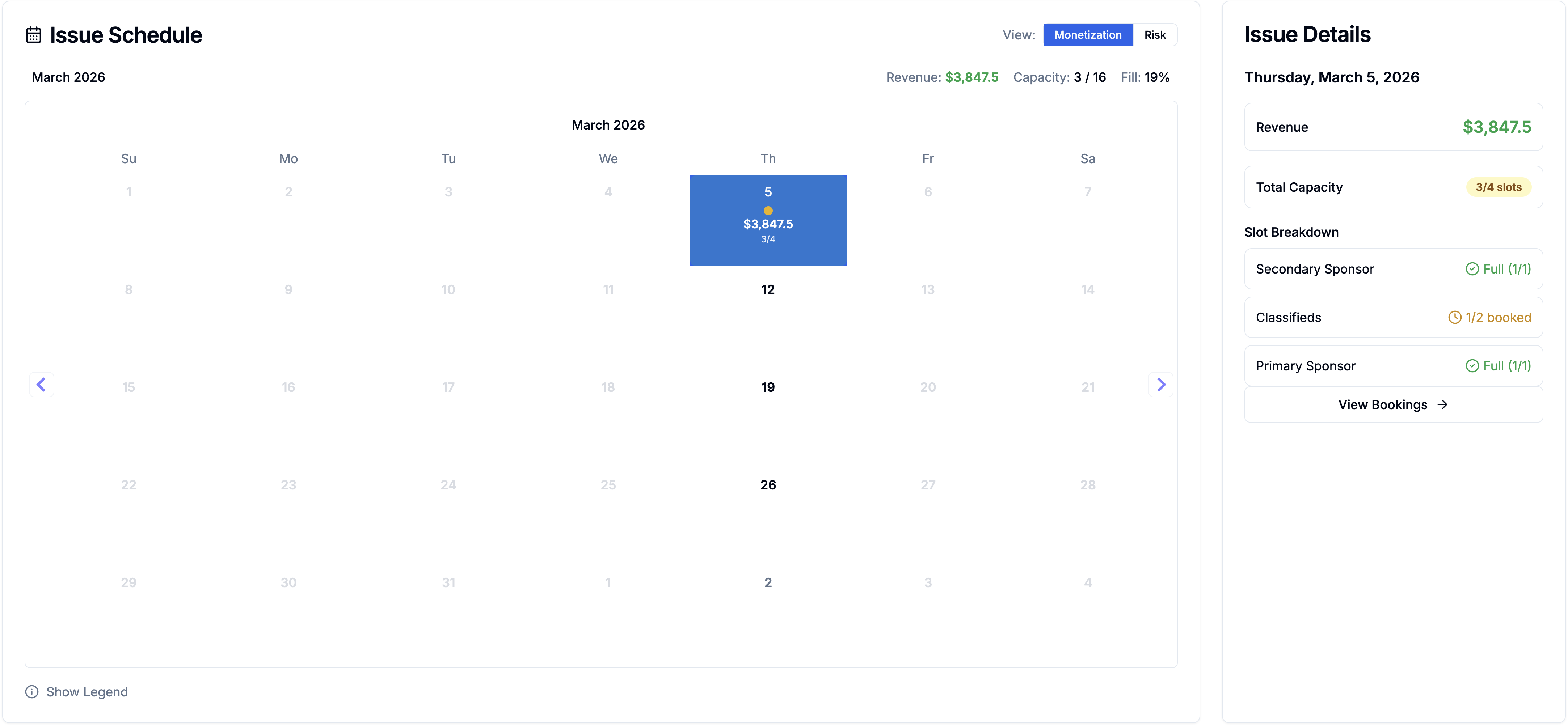 SponsorCal booking calendar showing live slot availability across issue dates